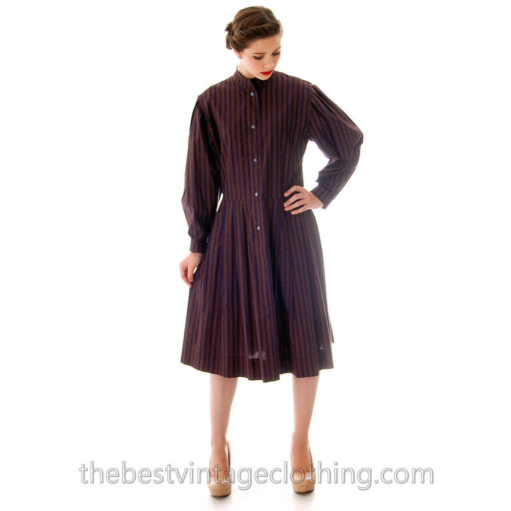 Vintage Vuokko Suomi Cotton Shirt Dress 1970s Blue Brown Stripes S-M marimekko The Best Vintage Clothing