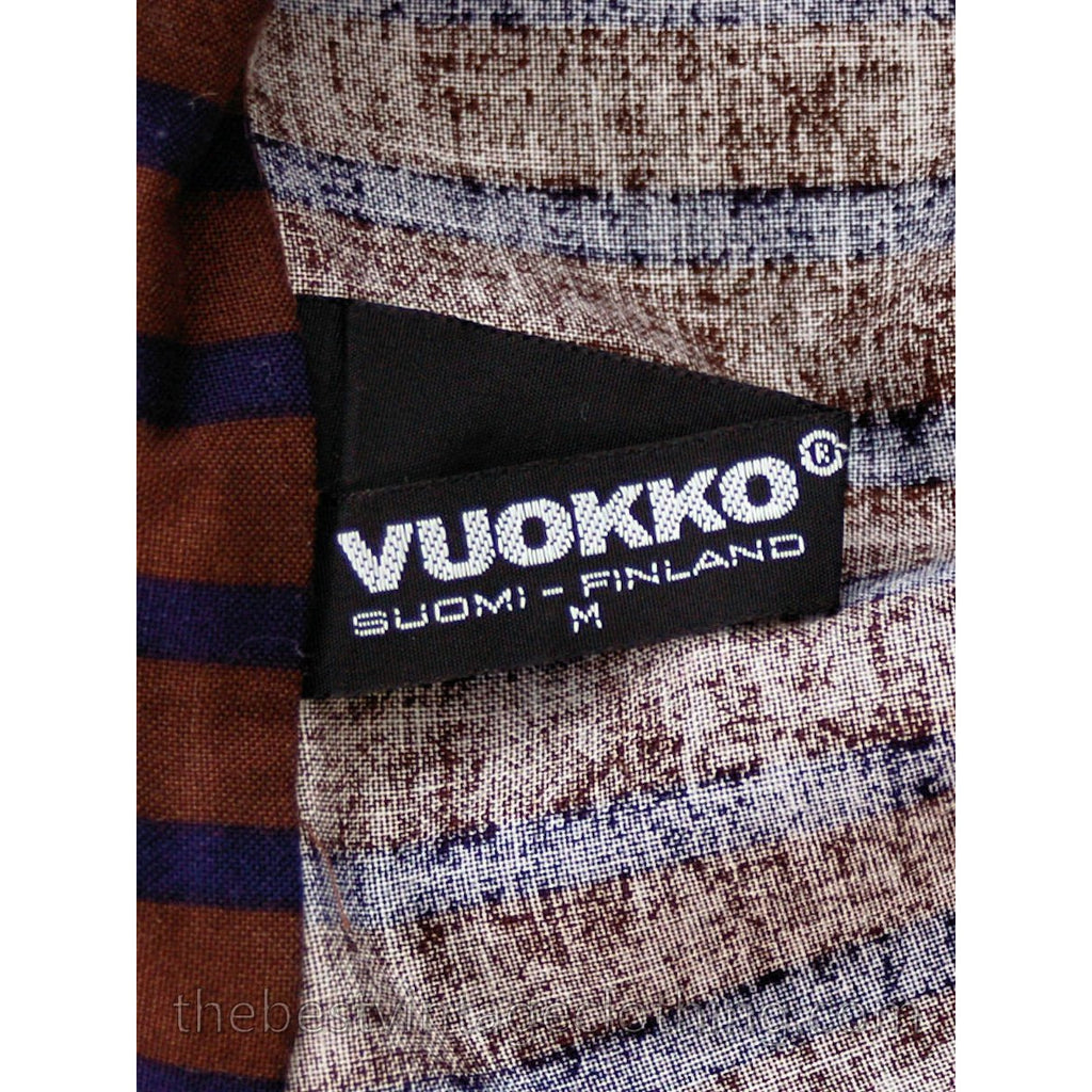 Vintage Vuokko Suomi Cotton Shirt Dress 1970s Blue Brown Stripes S-M marimekko The Best Vintage Clothing