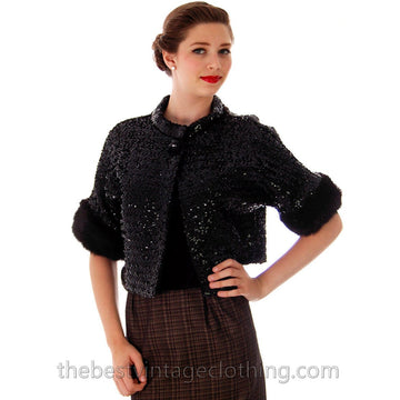 VTG Black Sequin Short Sleeve Shrug Evening Jacket Mink Fur Trimmed 1950s Medium The Best Vintage Clothing