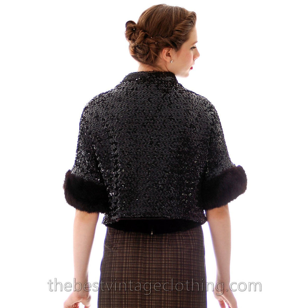 VTG Black Sequin Short Sleeve Shrug Evening Jacket Mink Fur Trimmed 1950s Medium The Best Vintage Clothing
