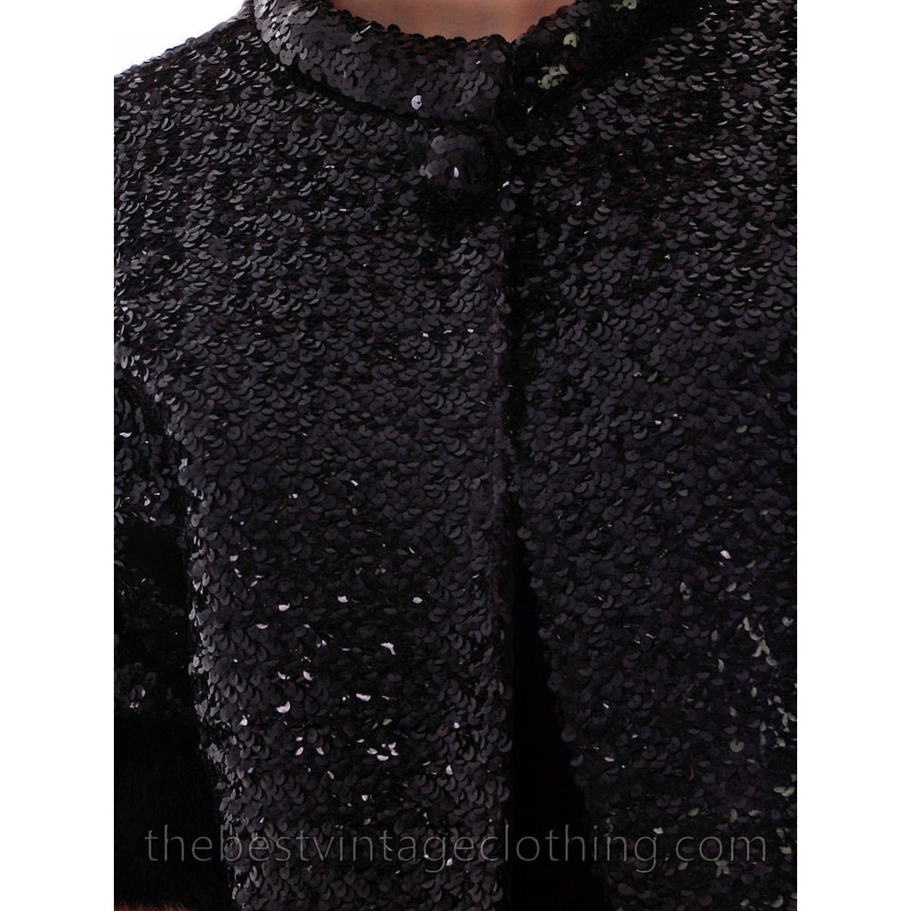 VTG Black Sequin Short Sleeve Shrug Evening Jacket Mink Fur Trimmed 1950s Medium The Best Vintage Clothing