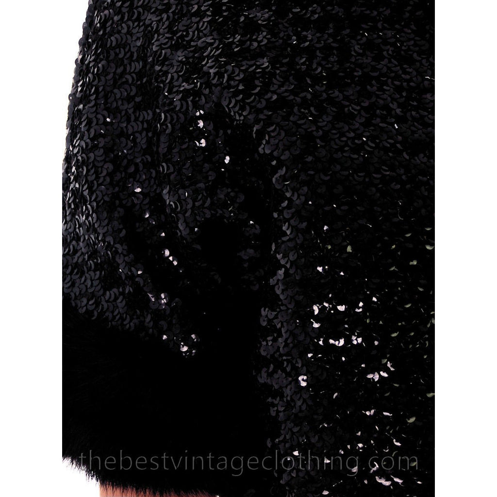 VTG Black Sequin Short Sleeve Shrug Evening Jacket Mink Fur Trimmed 1950s Medium The Best Vintage Clothing