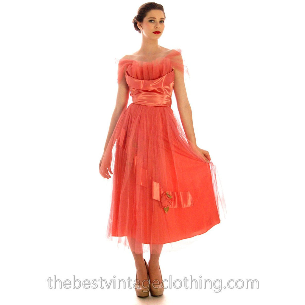 Vintage Strapless 1950s Prom Gown Tulle & Satin Coral Colored Small Tea Length The Best Vintage Clothing