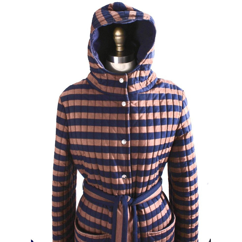 Vintage 1970s Vuokko Suomi Finland Striped Cotton Quilted Coat Snap Front Mod EU 44 M L marimekko Vuokko