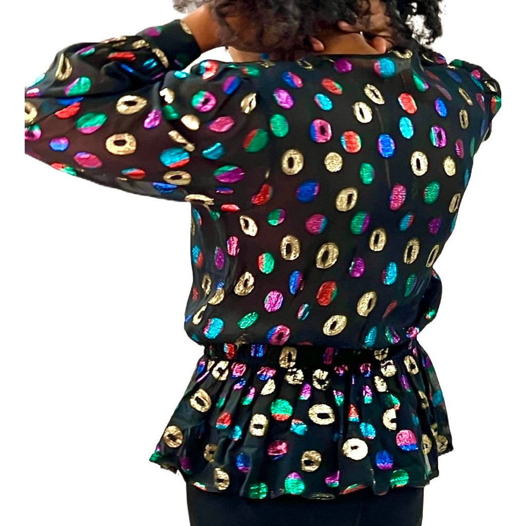 Lloyd Williams Blouse 80s Black /Metallic colorful Rayon Polka Dots Sz M/L vintage blouse The Best Vintage Clothing