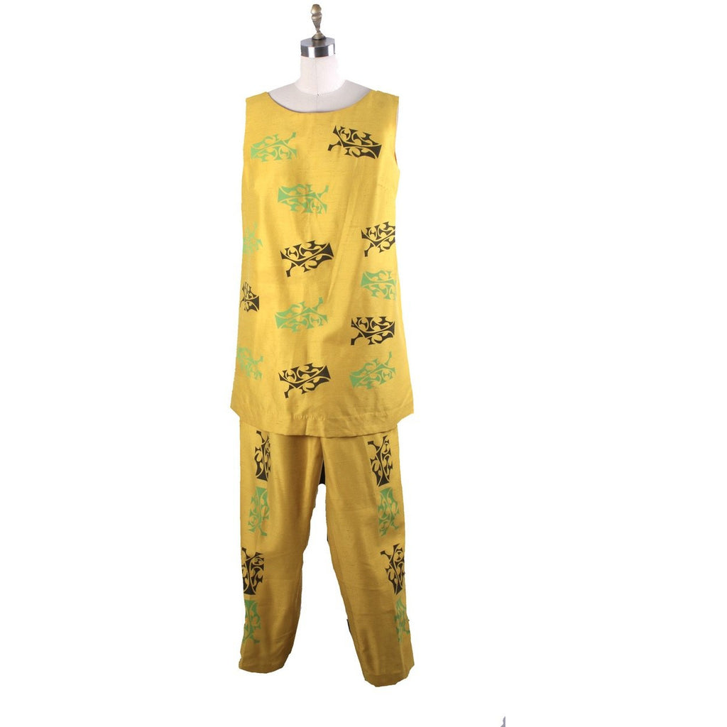 Vintage Tummey Hand Block Printed 1970s Pantsuit Yellow Tunic & Slacks S/M The Best Vintage Clothing