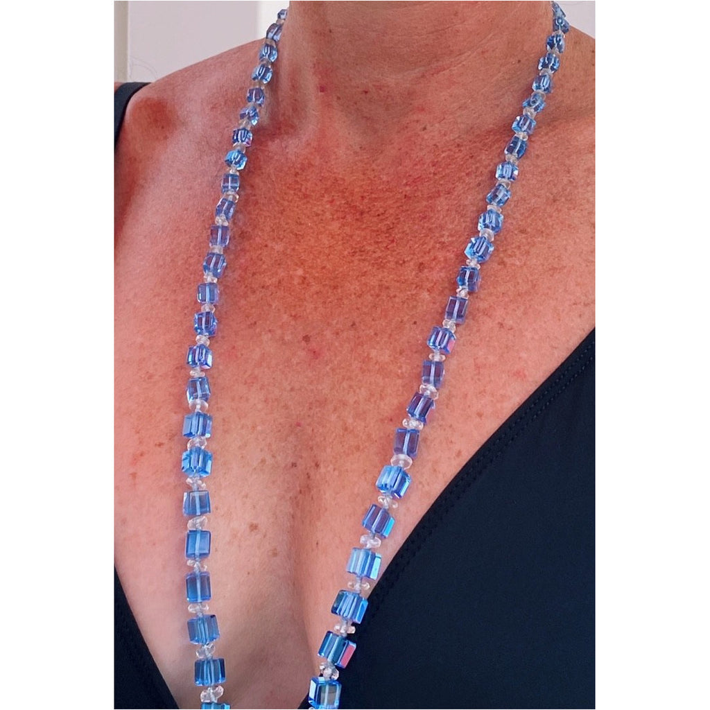 Vintage Chunky Blue Glass Square Beads Necklace 1920S Long Jewelry,Women's The Best Vintage Clothing