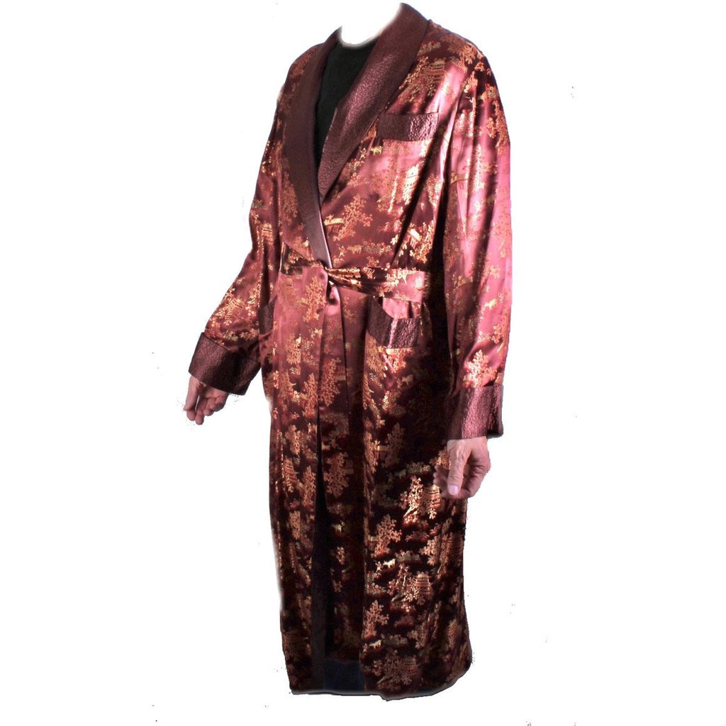 Vintage Mens Rayon Damask Robe Asian 1940s L XL Maroon Gold WW2 Men's Vintage,New Arrivals The Best Vintage Clothing
