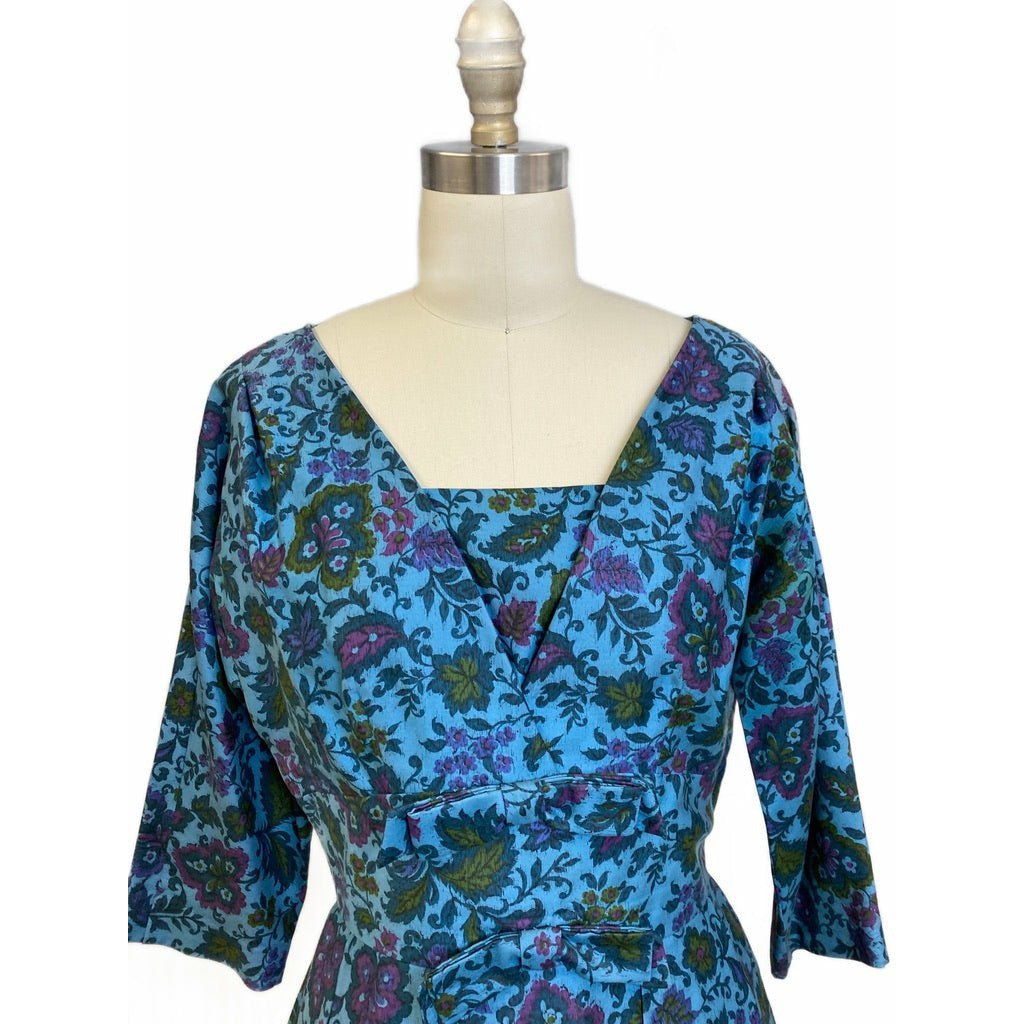 VTG R&K Original Dress 50s Polished Cotton Day/Party Blue Floral M/L Wide Waist Dresses The Best Vintage Clothing