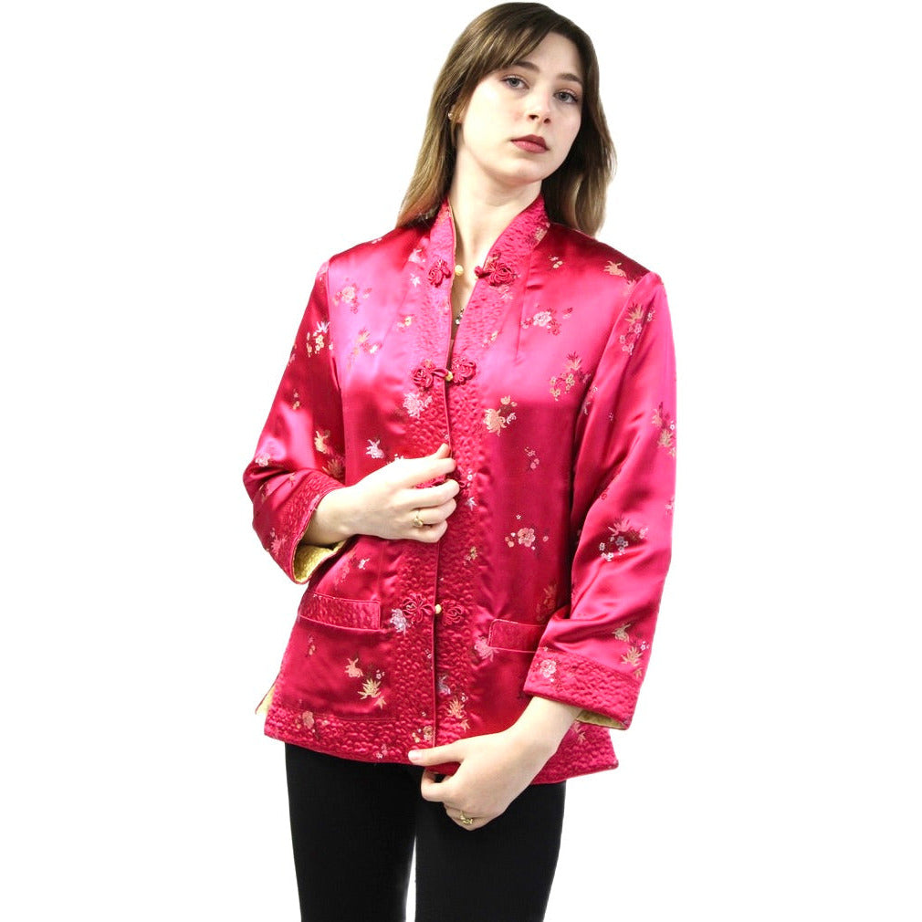 Vintage Pink/Yellow Satin Reversible Damask Jacket 1950s S/M Japan coat The Best Vintage Clothing