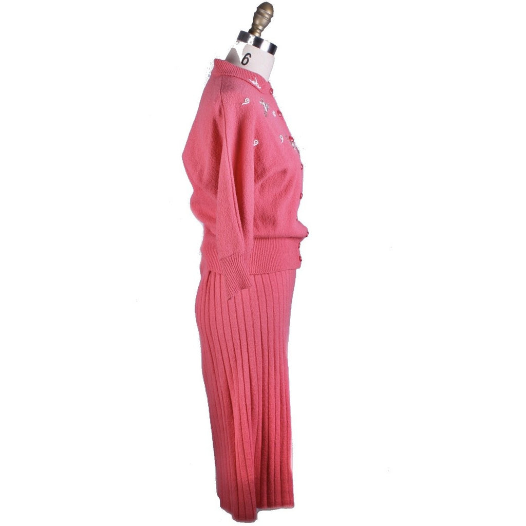 2PC Vintage Secretary Skirt Suit Sweater Suit 1950s Pink Beaded Wool Boucle Womens M Women's,New Arrivals The Best Vintage Clothing