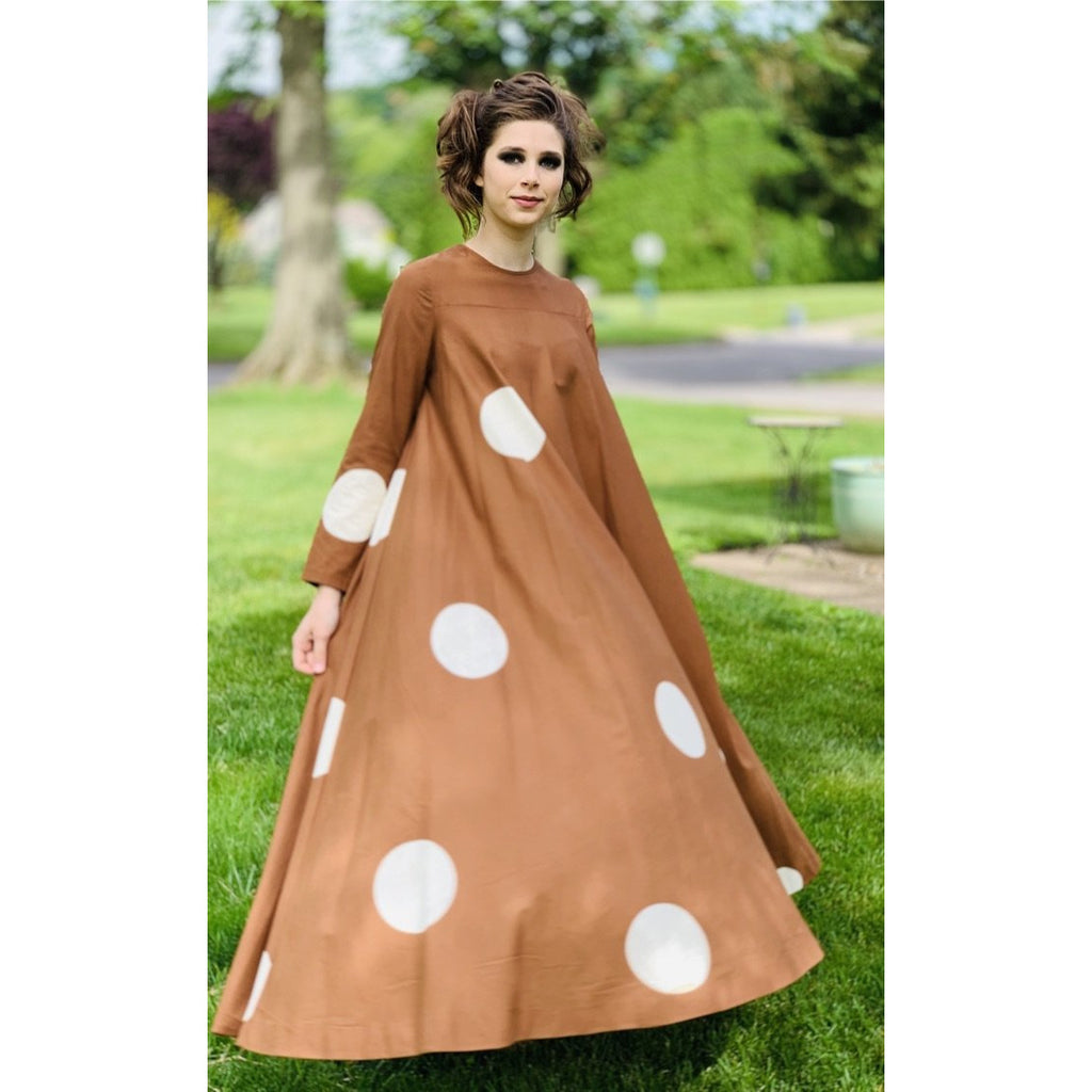 Vuokko 1970 Pallo Annika RImala Vintage Tent Gown Cotton Brown and White Polka Dot Sz 38 marimekko The Best Vintage Clothing