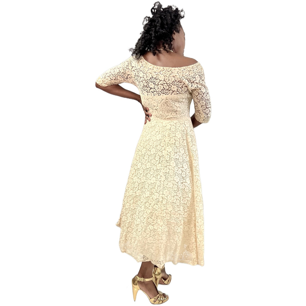 1950s Ivory Cotton Lace Gown Party / Wedding XS Circle Skirt Off Shoulder Sparkly The Best Vintage Clothing