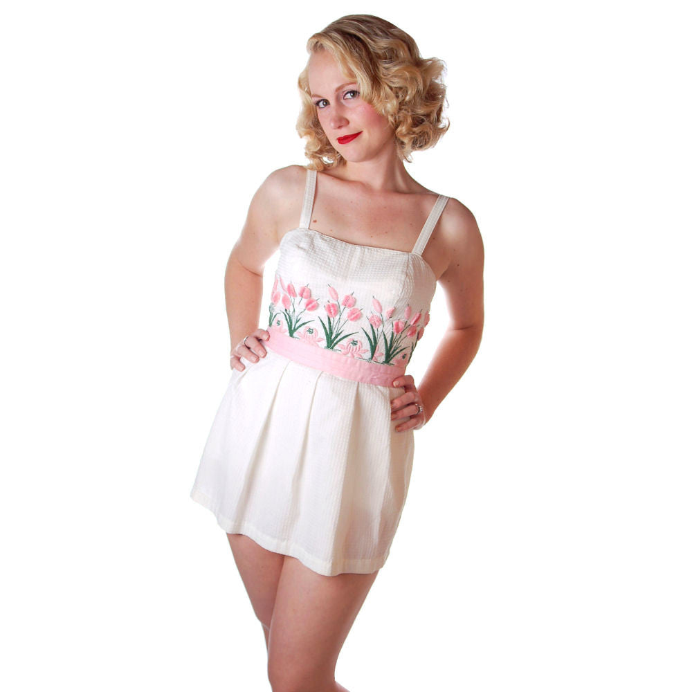Vintage Swimsuit Tina Leser Pink Pussywillows 1 Piece Skirted 1950S 10 Women's Tina Leser