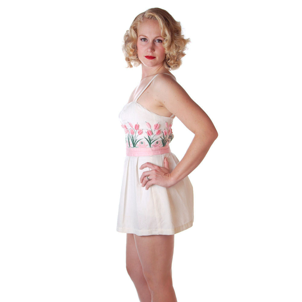 Vintage Swimsuit Tina Leser Pink Pussywillows 1 Piece Skirted 1950S 10 Women's Tina Leser