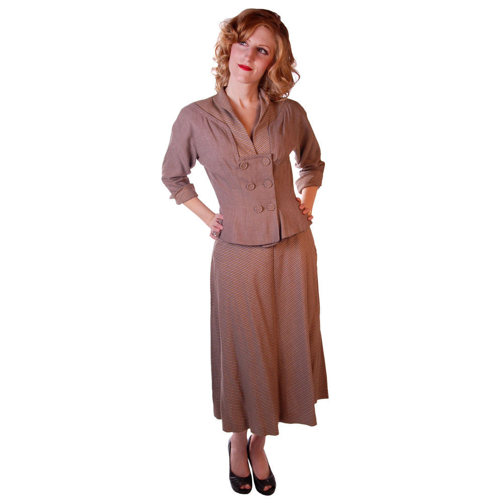Vintage Mocha Wool 2-Tone Suit 1940S Marie Phillips 34-24-Free Cart2cart Marie Phillips