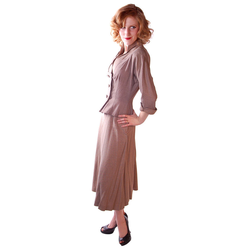 Vintage Mocha Wool 2-Tone Suit 1940S Marie Phillips 34-24-Free Cart2cart Marie Phillips