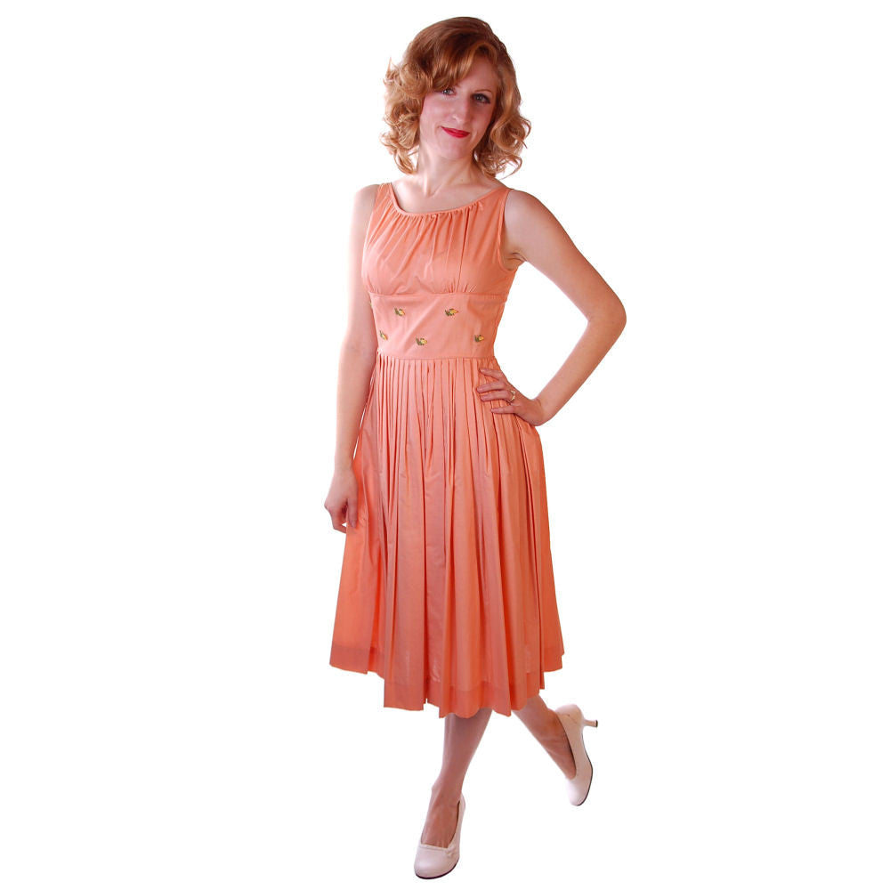 Vintage Peach Cotton Day Dress NWOT 1950S 32-26-Free Peggy Paige Cart2cart Peggy Paige