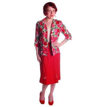 Vintage Red Linen Skirt & Print Blouse Salon Lentheric  1950s 25" Waist - The Best Vintage Clothing
 - 1