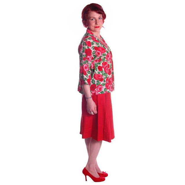 Vintage Red Linen Skirt & Print Blouse Salon Lentheric 1950s 25" Waist Cart2cart Lentheric