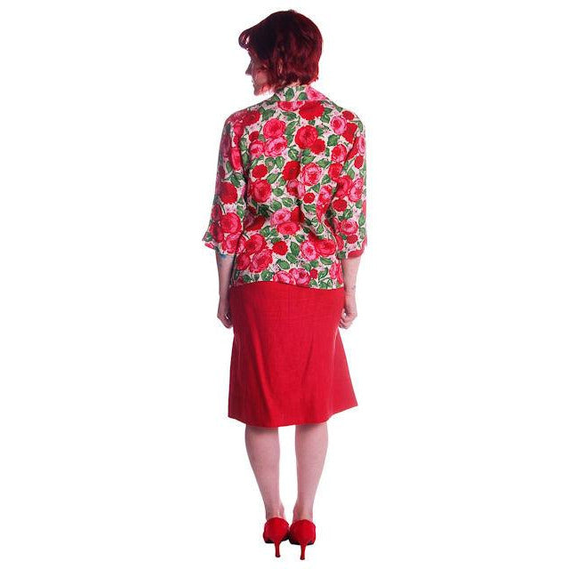 Vintage Red Linen Skirt & Print Blouse Salon Lentheric 1950s 25" Waist Cart2cart Lentheric
