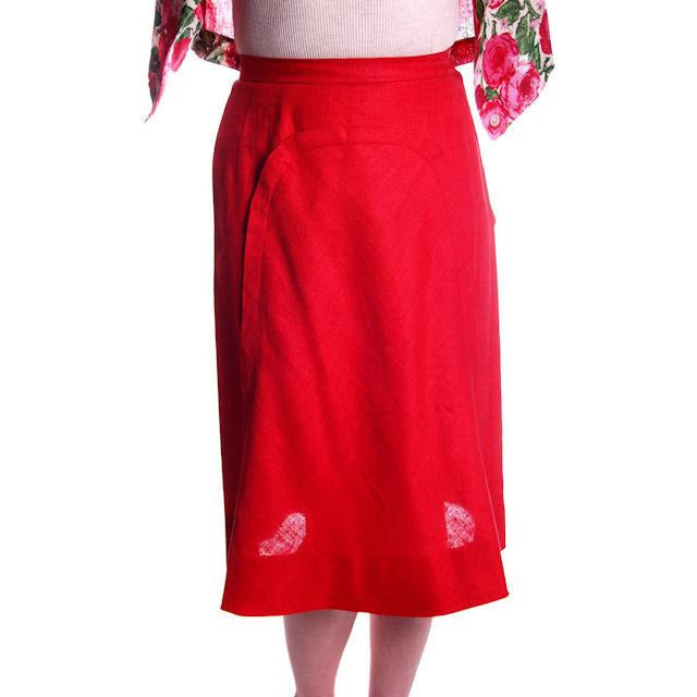 Vintage Red Linen Skirt & Print Blouse Salon Lentheric 1950s 25" Waist Cart2cart Lentheric