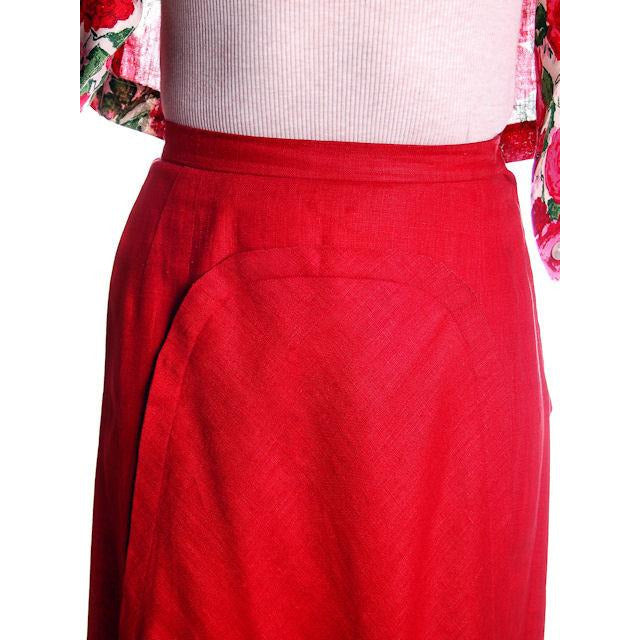 Vintage Red Linen Skirt & Print Blouse Salon Lentheric 1950s 25" Waist Cart2cart Lentheric