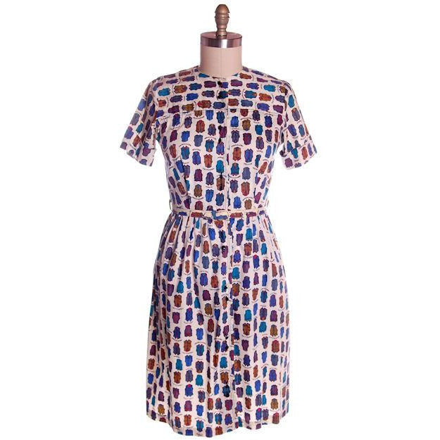 Vintage Cotton Dress Whimsical Vest Print Shirtwaist Style 1960s 39-28-Free - The Best Vintage Clothing
 - 1