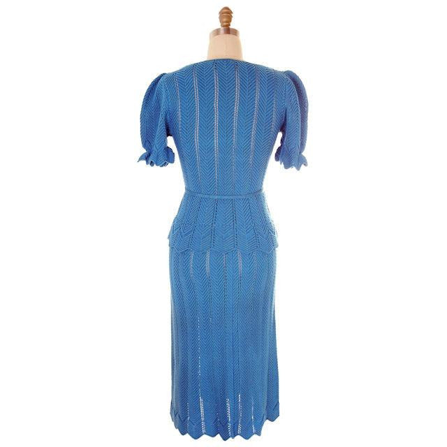 Vintage Ladies Blue Chevron Knit Sweater Suit Oscar De La Renta 1970s Small Women's,New Arrivals Oscar De La Renta