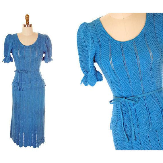 Vintage Ladies Blue Chevron Knit Sweater Suit Oscar De La Renta 1970s Small Women's,New Arrivals Oscar De La Renta