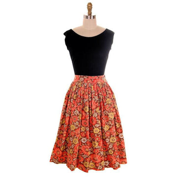 Vintage Cotton Skirt Daisy & Dahlia Print Orange/Brown 1940s Medium Women's,New Arrivals,On Sale vendor-unknown