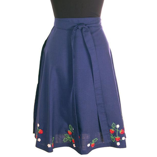 Vintage Wrap Skirt Strawberries Embroidery Cotton 1970s S-M Women's,New Arrivals vendor-unknown