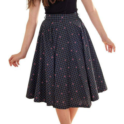 Vintage Circle Skirt Girls/Small Womens Black w Pink Geometric Print 1950s Children's,Women's,New Arrivals,On Sale The Best Vintage Clothing