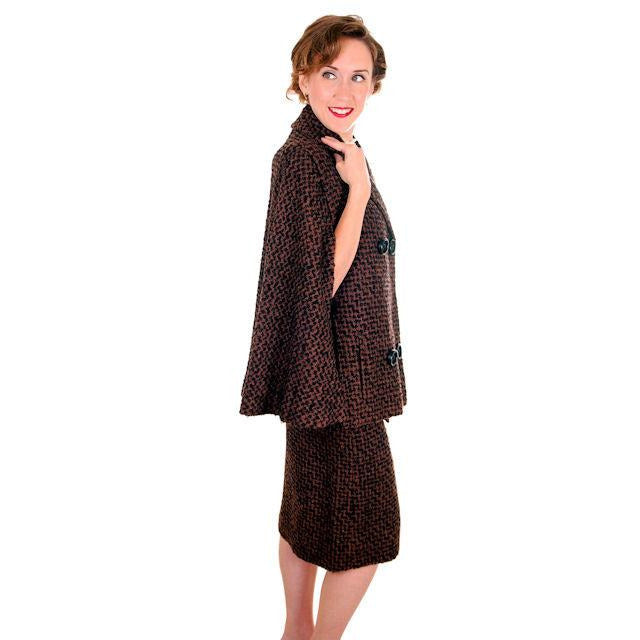 Vintage Ladies Suit Brown & Black Boucle Cape Jacket Pencil Skirt 1950s Small Women's,New Arrivals The Best Vintage Clothing