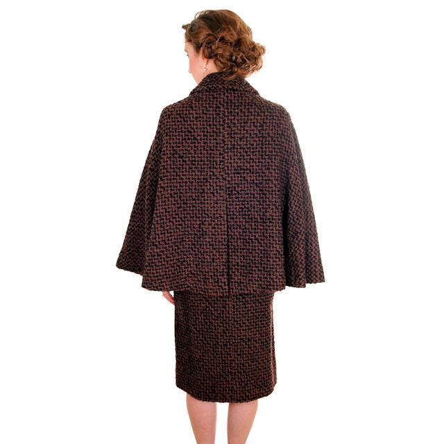 Vintage Ladies Suit Brown & Black Boucle Cape Jacket Pencil Skirt 1950s Small Women's,New Arrivals The Best Vintage Clothing