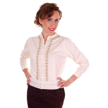 Vintage Ladies Ivory Sweater Embellished w Beads & Rhinestones 1950s M - The Best Vintage Clothing
 - 1