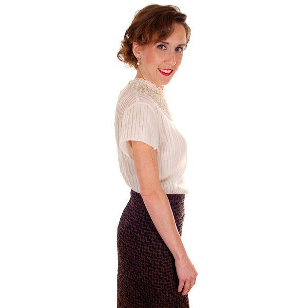 Vintage Blouse Sheer Nylon Pleated Round Lace Yoke 1950s Deb Craft Small toLarge Women's,New Arrivals Deb Craft