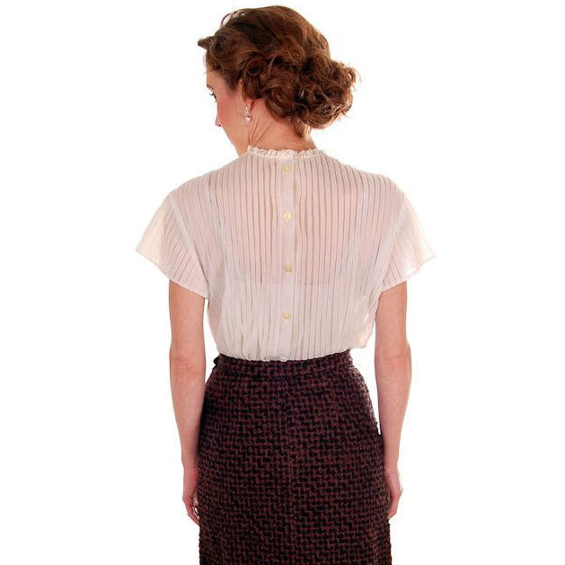 Vintage Blouse Sheer Nylon Pleated Round Lace Yoke 1950s Deb Craft Small toLarge Women's,New Arrivals Deb Craft