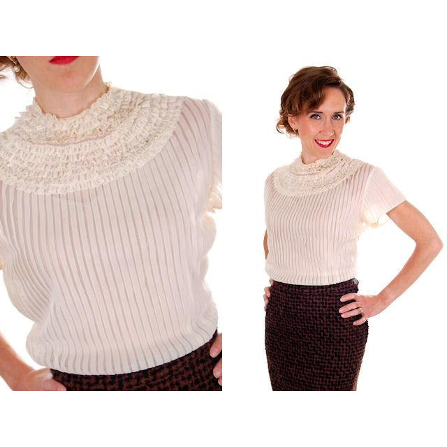 Vintage Blouse Sheer Nylon Pleated Round Lace Yoke 1950s Deb Craft Small toLarge Women's,New Arrivals Deb Craft