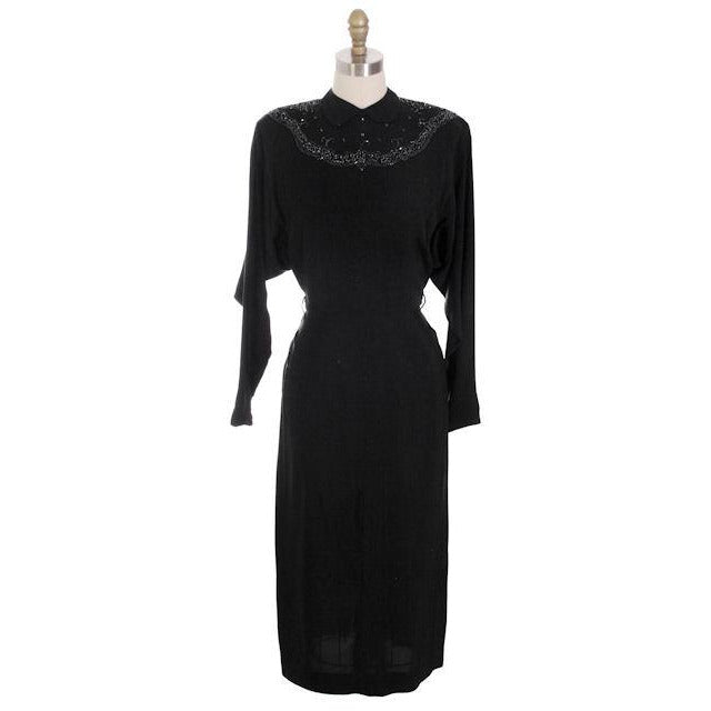 Vintage Dress Black Rayon Batwing Style Beaded Yoke Hot Style 1940s 34-26-38 Women's,New Arrivals The Best Vintage Clothing