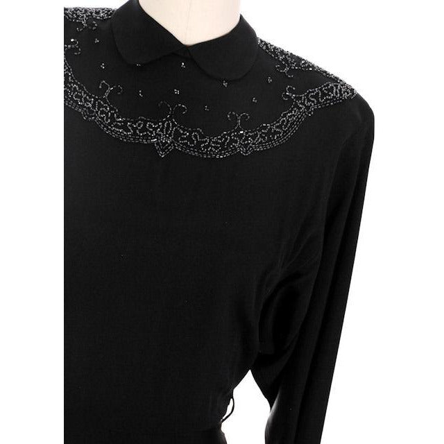 Vintage Dress Black Rayon Batwing Style Beaded Yoke Hot Style 1940s 34-26-38 Women's,New Arrivals The Best Vintage Clothing