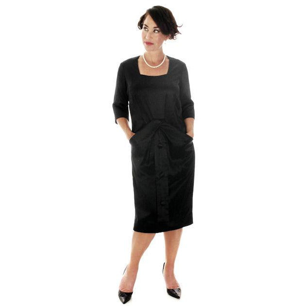 Vintage Black Silk Satin Cocktail Dress Sack Style Nina Ricci Couture Paris 1958 M Women's,New Arrivals The Best Vintage Clothing
