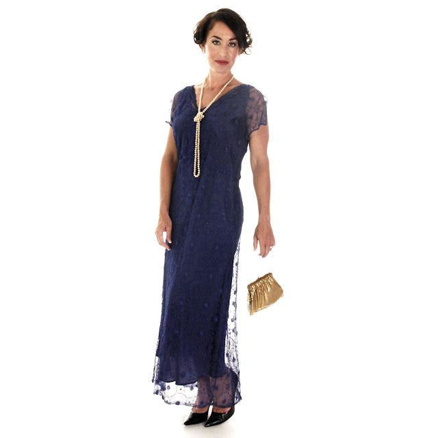 Vintage ART Deco Bright Blue Spider Web Lace Bias Cut Gown 1930s 38-36-46 Women's,New Arrivals The Best Vintage Clothing