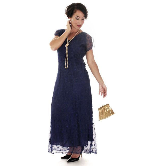 Vintage ART Deco Bright Blue Spider Web Lace Bias Cut Gown 1930s 38-36-46 Women's,New Arrivals The Best Vintage Clothing