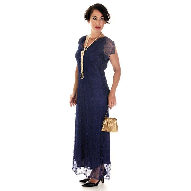 Vintage ART Deco Bright Blue Spider Web Lace Bias Cut Gown 1930s 38-36-46 Women's,New Arrivals The Best Vintage Clothing