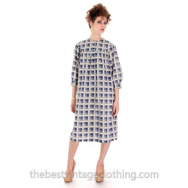 Vintage Marimekko STYLE Cotton Baby Doll Dress Cotton Blue Plaid 1960s S-L marimekko vendor-unknown