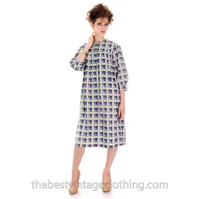 Vintage Marimekko STYLE Cotton Baby Doll Dress Cotton Blue Plaid 1960s S-L marimekko vendor-unknown