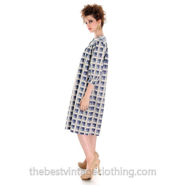 Vintage Marimekko STYLE Cotton Baby Doll Dress Cotton Blue Plaid 1960s S-L marimekko vendor-unknown