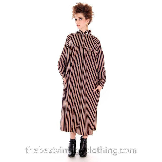 Vintage Vuokko Suomi Cotton Tent Dress 1970s Black Brown Stripes S-M marimekko Vuokko