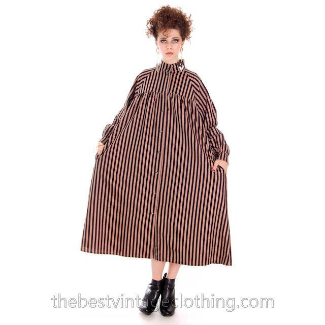 Vintage Vuokko Suomi Cotton Tent Dress 1970s Black Brown Stripes S-M marimekko Vuokko